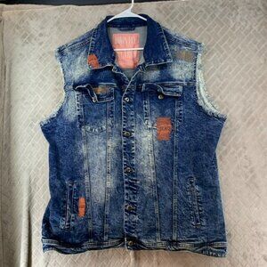 Born Fly Mens 3XL Denim Jean Vest Blue Embroidered Graphic Logo Fray Stretch